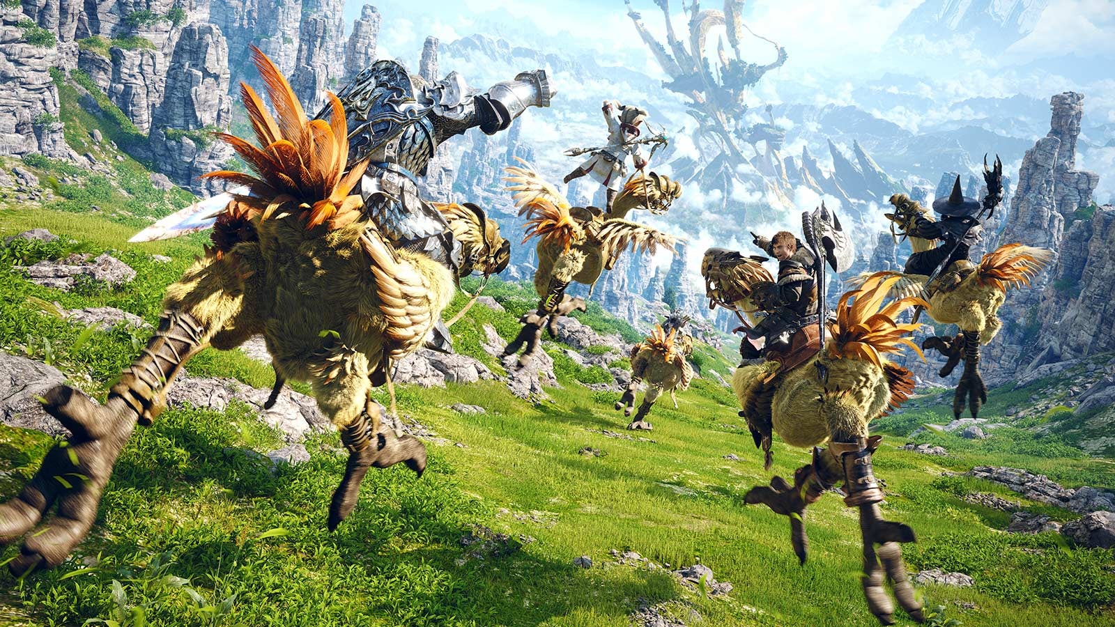 Art shows FF14 characters riding on Chocobos.