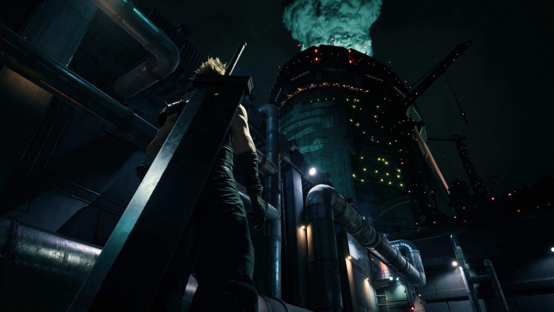 Cloud looks up at Shinra HQ.