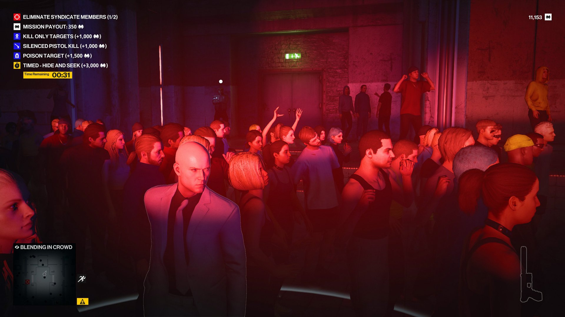 Agent 47 works his way through a crowd at a rave.