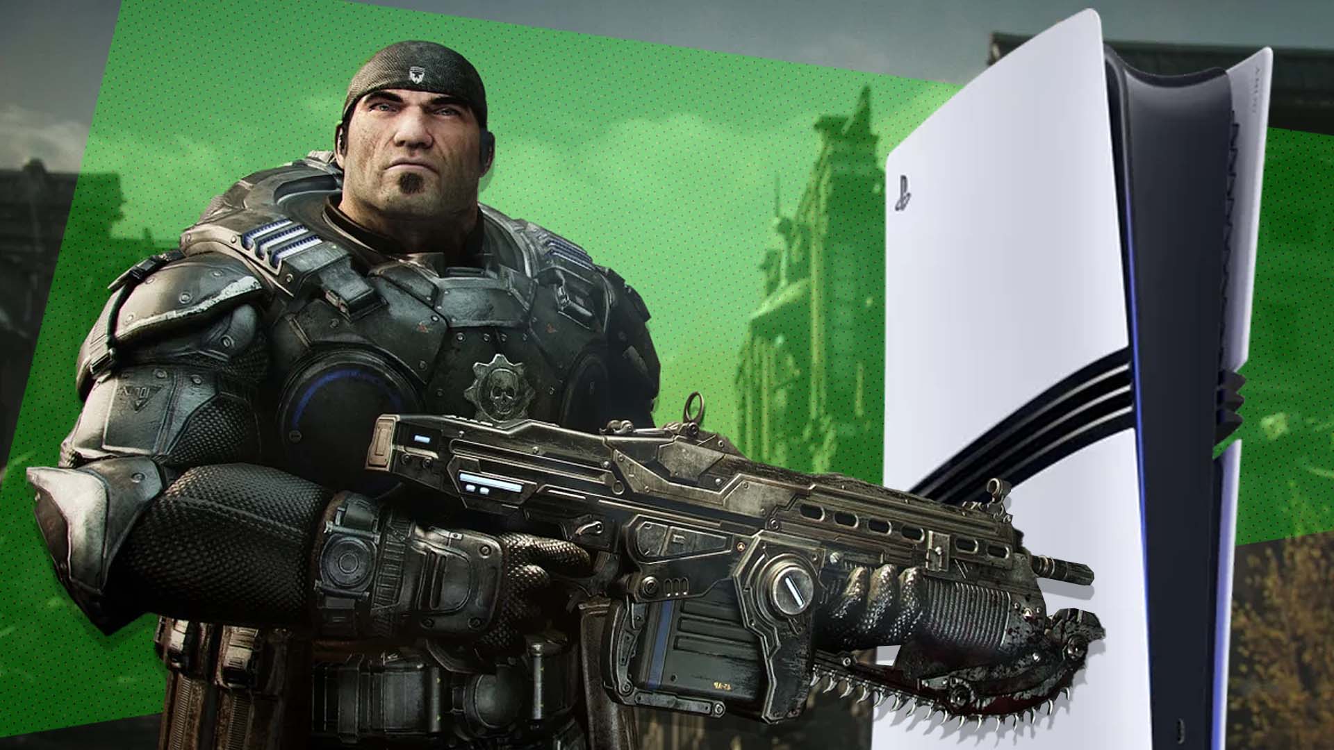 Marcus Fenix in front of a PS5 console.