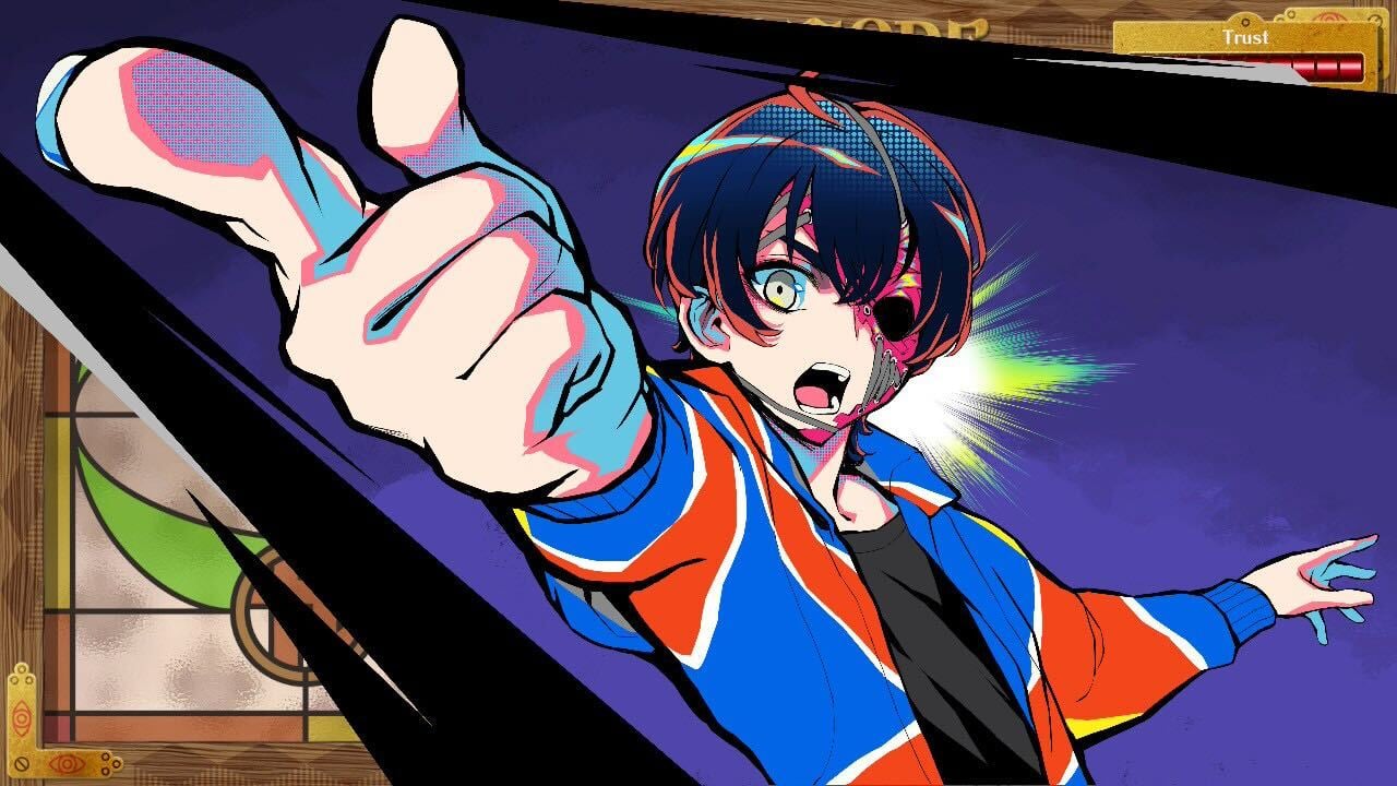 Rei points at the screen.