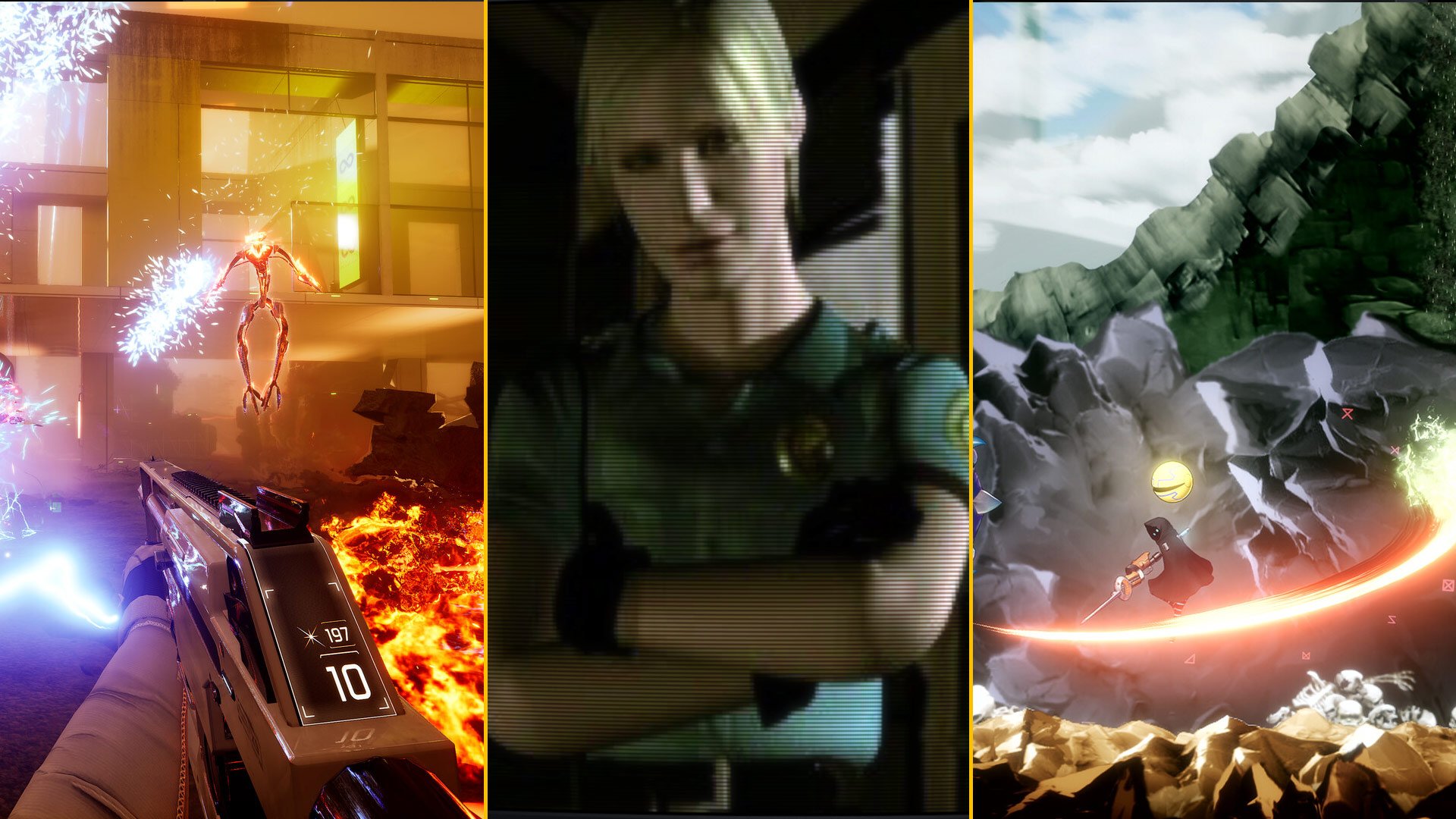 A composite image shows the protagonist from Void/Breaker shooting at an enemy, Cybil Bennet from Silent Hill, and the protagonists of Shadow Labyrinth engaged in battle.