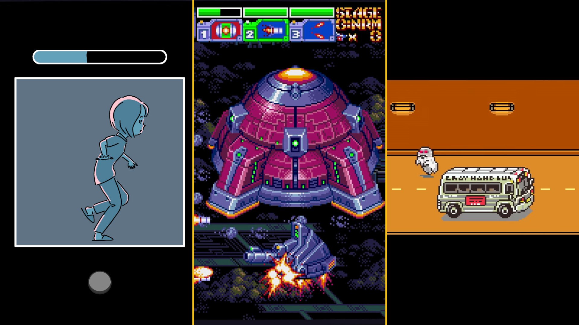 A composite image shows a girl running in a box, a space base with space ships, and a ghost chasing a bus.