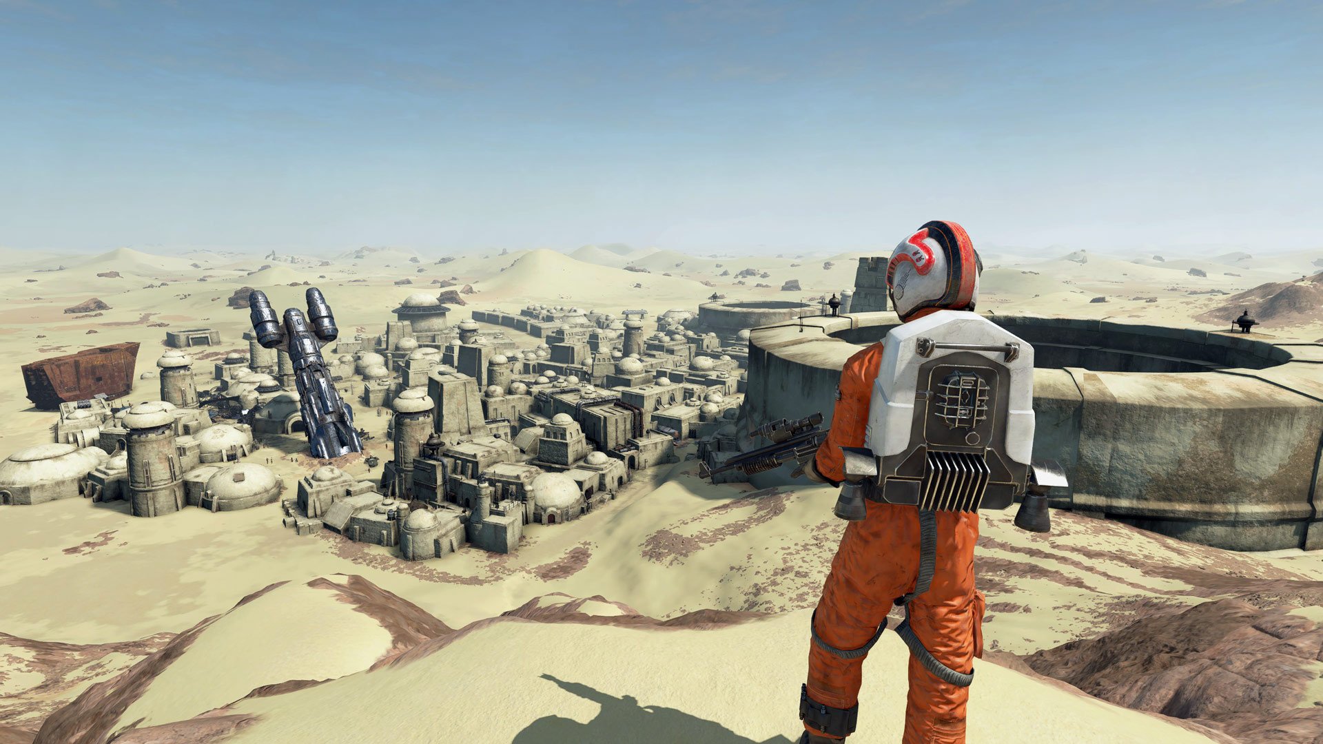 A Rebel pilot looks out over Mos Eisely.
