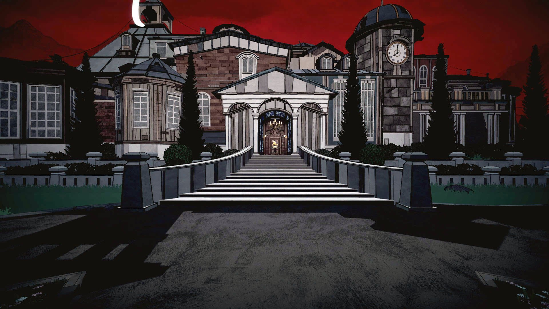 A screenshot from Blue Prince in Curse Mode. Mt. Holly Manor is shown with ominous red clouds hanging overhead.