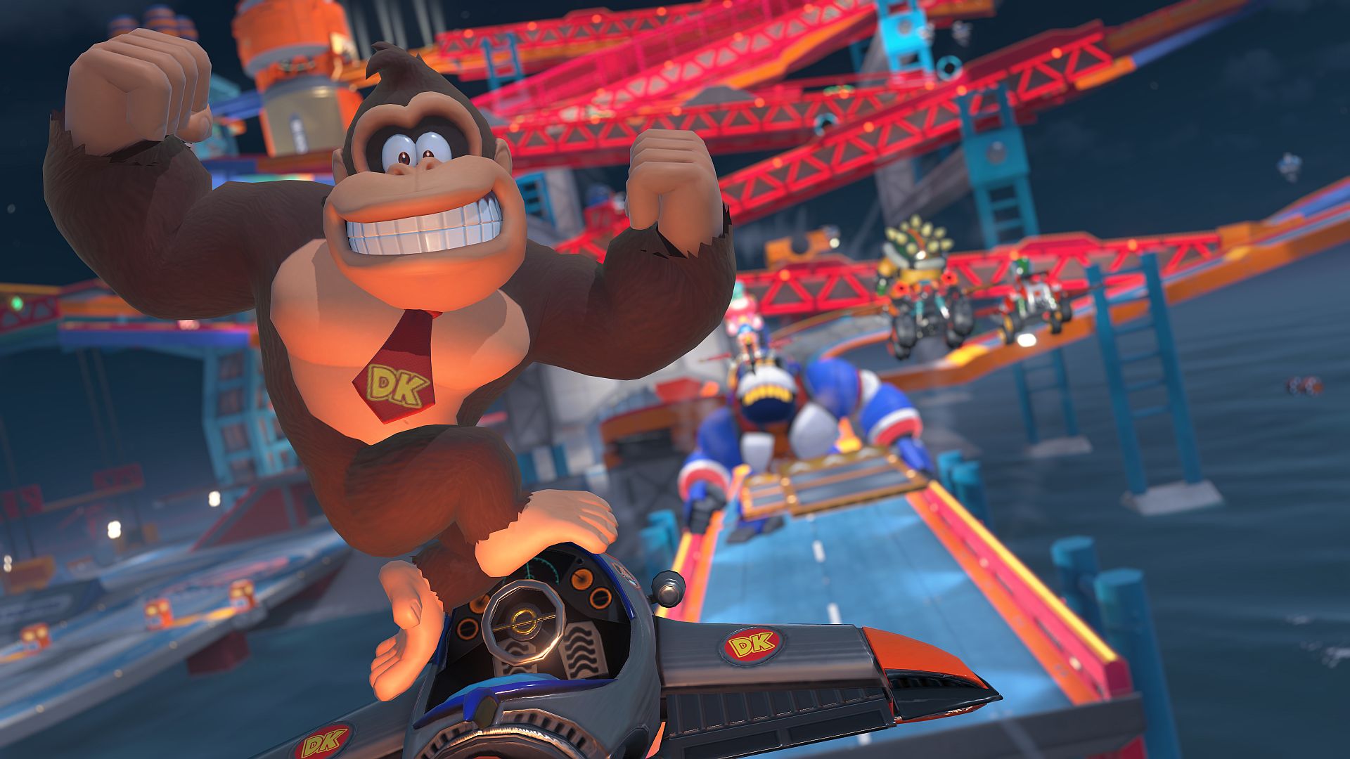 DK leaps in excitement from his flying kart on a Donkey Kong-themed track.