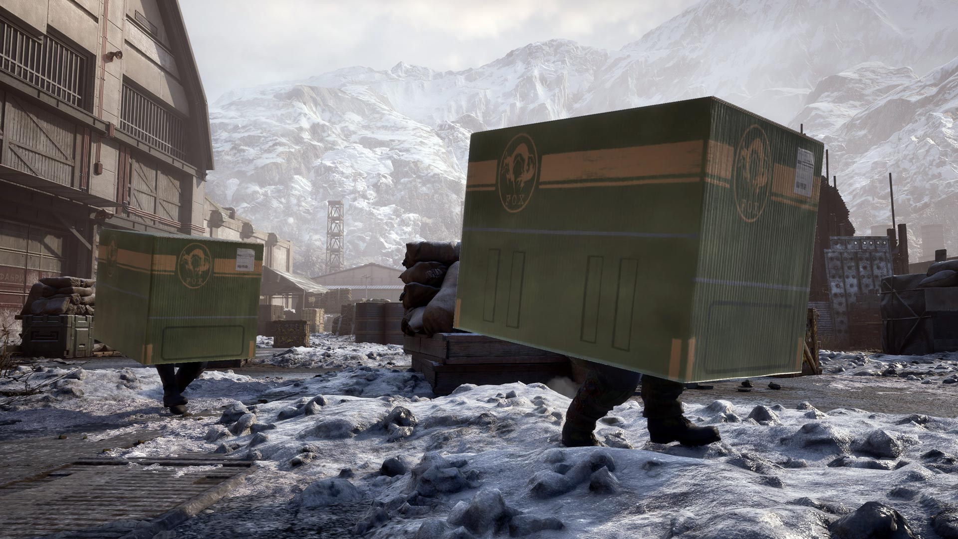 Soldiers wear cardboard boxes as they sneak across a military base.