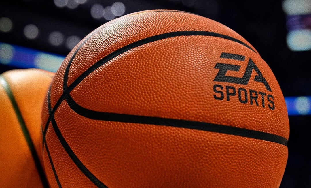 A basketball with the EA logo on it appears in a court.