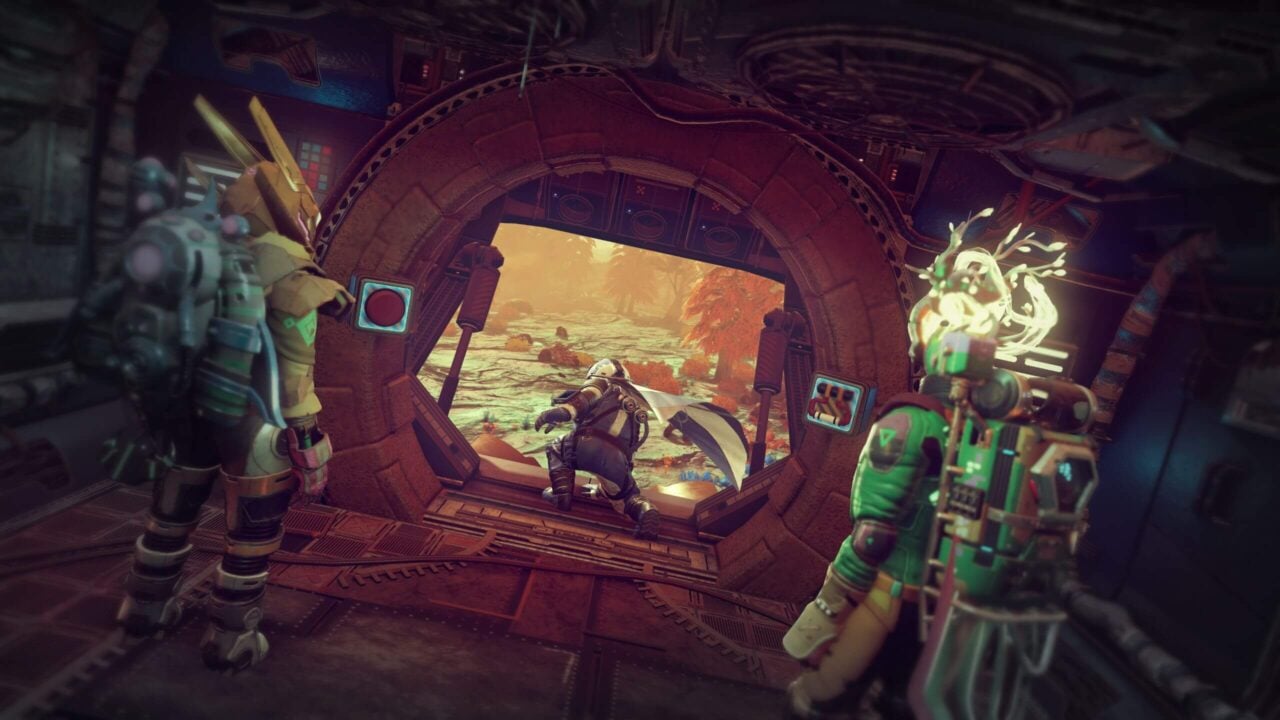 Player characters stand at a ship's entrance.