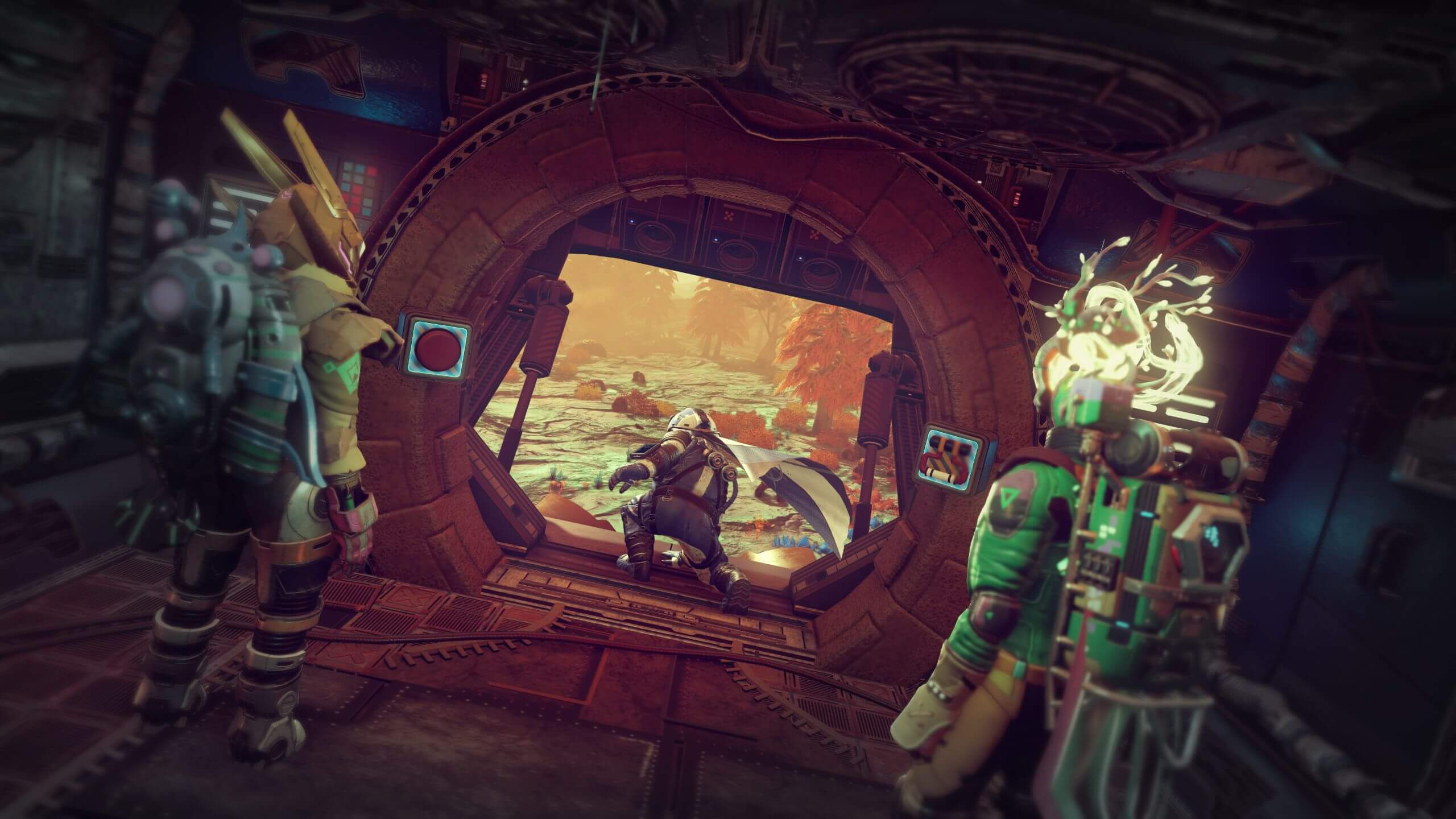 Player characters stand at a ship's entrance.