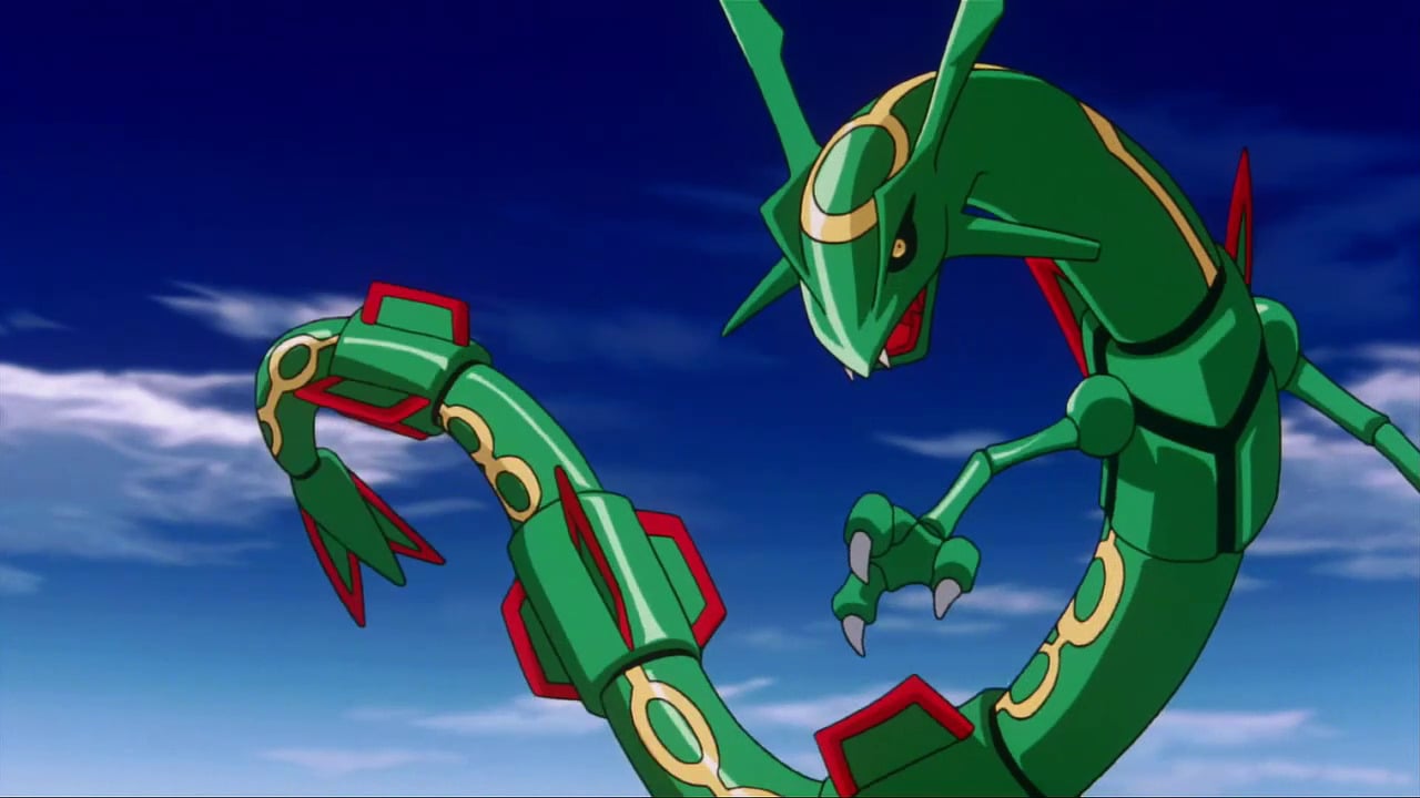 Rayquaza flying against a blue sky.