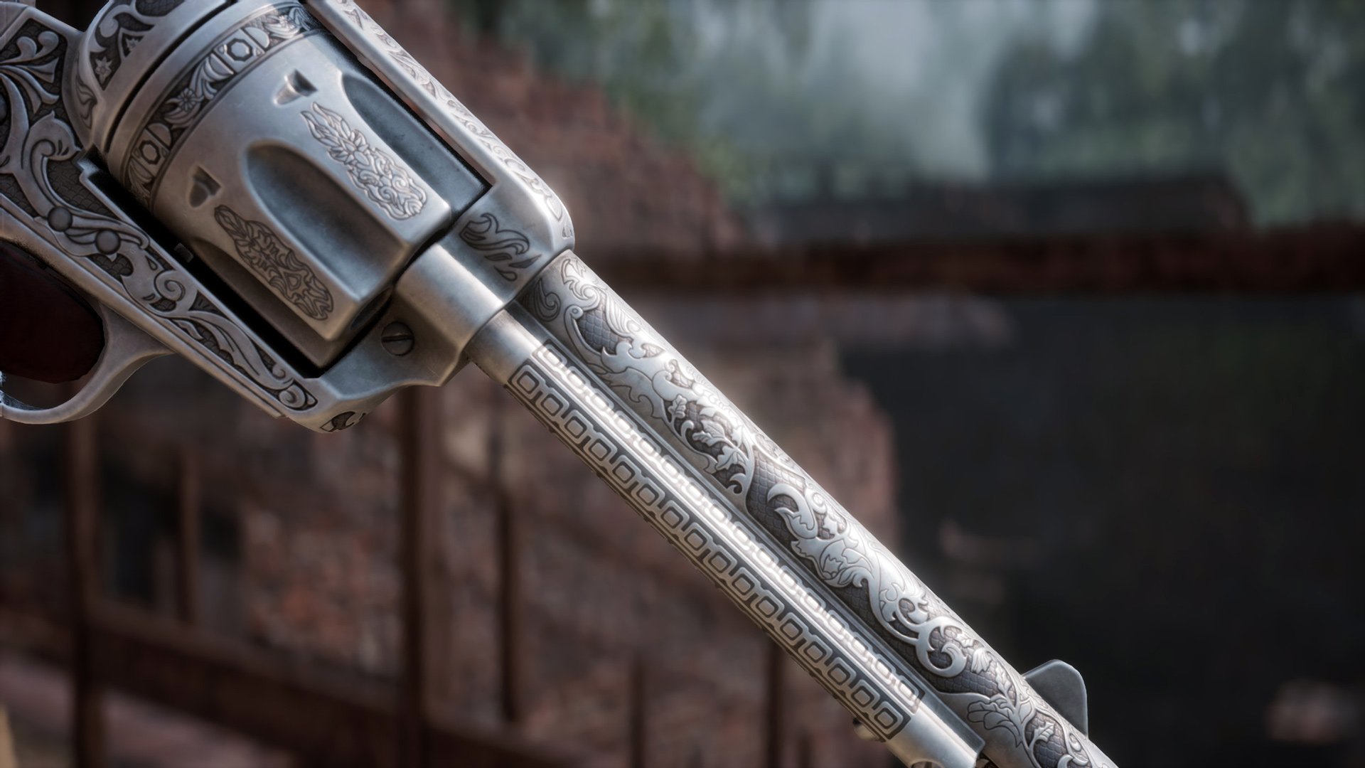 A close up of an engraved revolver which offers no tactical advantage whatsoever.