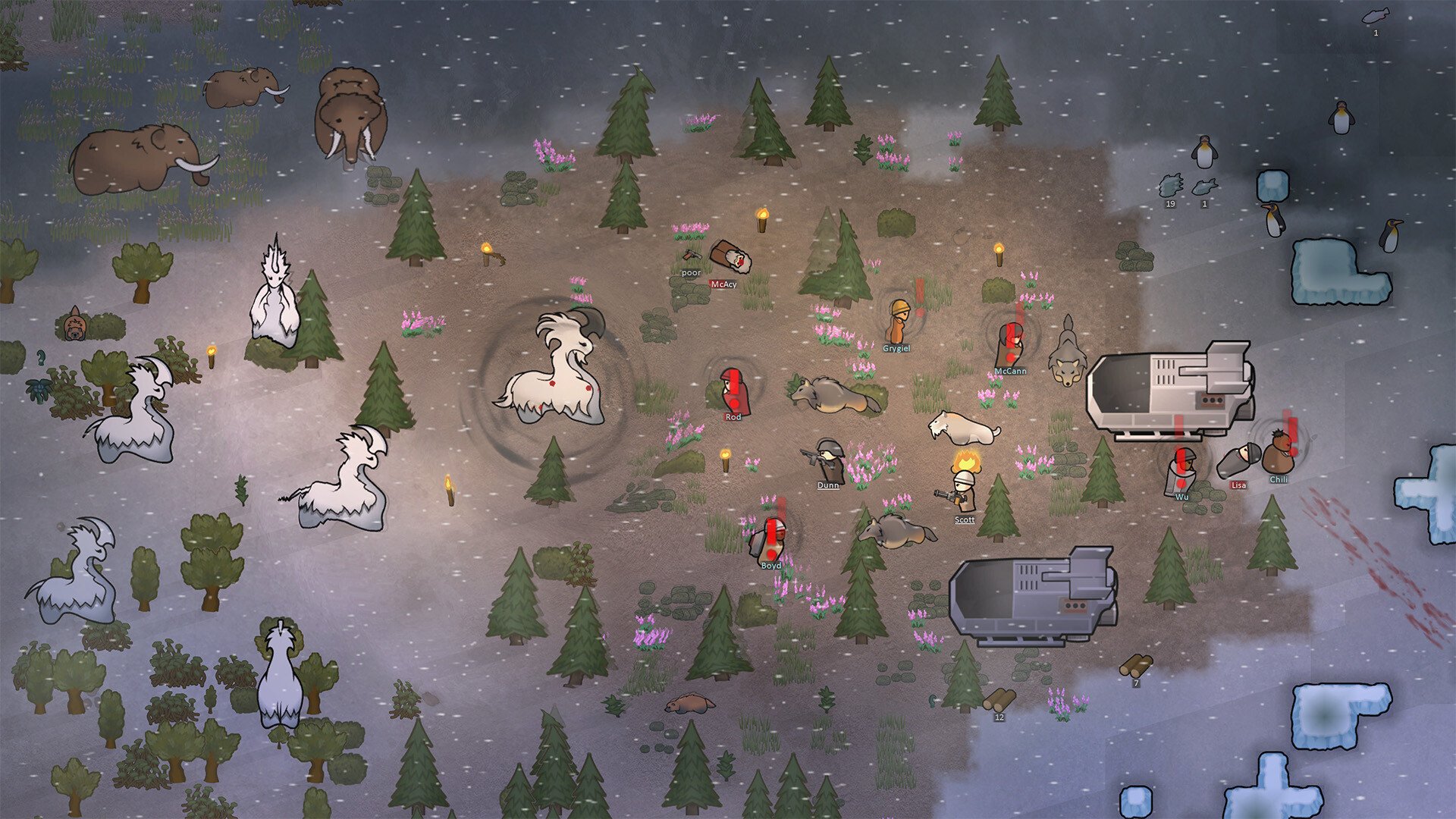 A fight between pawns and alpha animals in RimWorld.