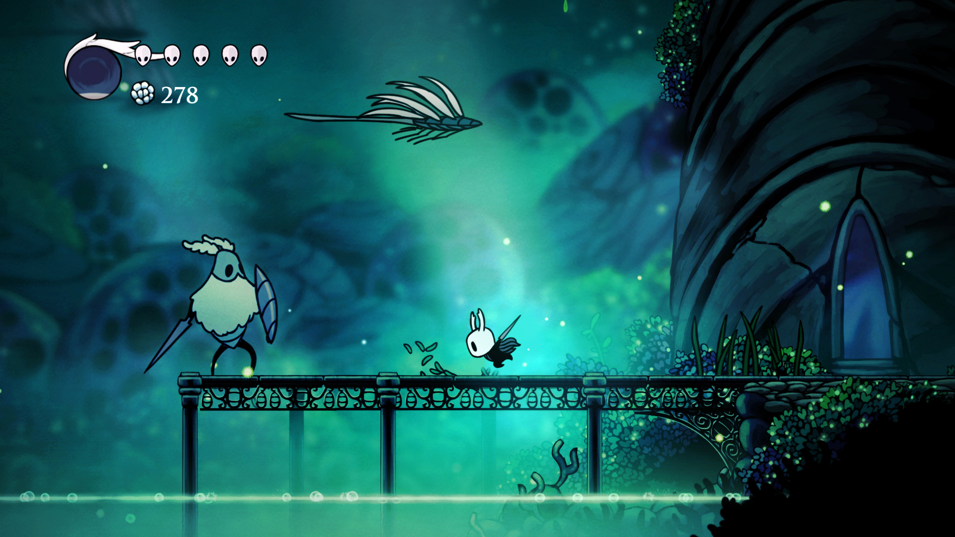 The protagonist from Hollow Knight dashes towards his enemies.