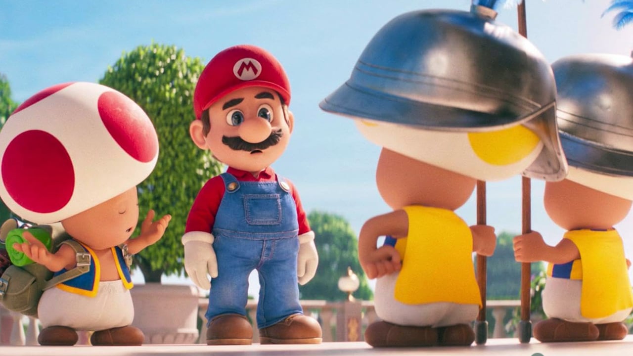 Mario stands in front of two sentry guards with a confused look on his face.