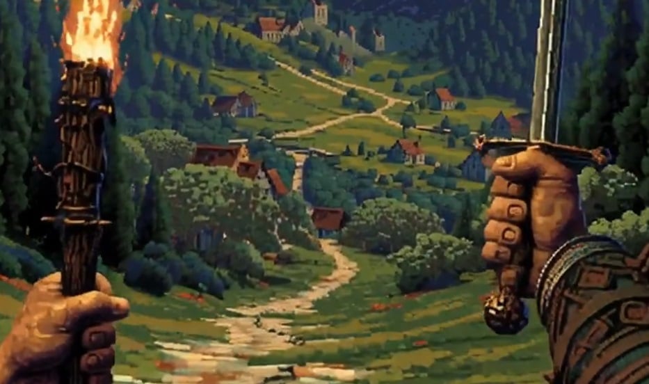 Pixel art shows someone approaching a town.